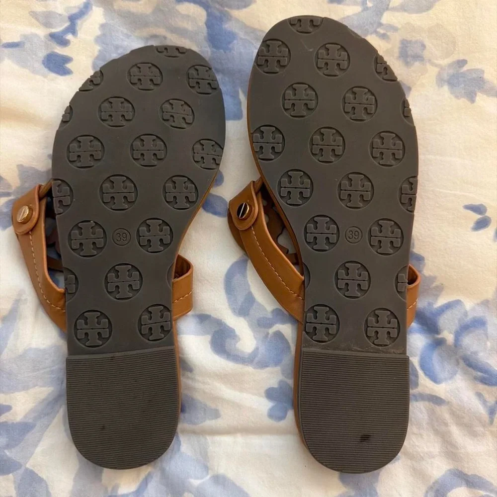 Tory Burch Brown Leather Logo Thong Sandals